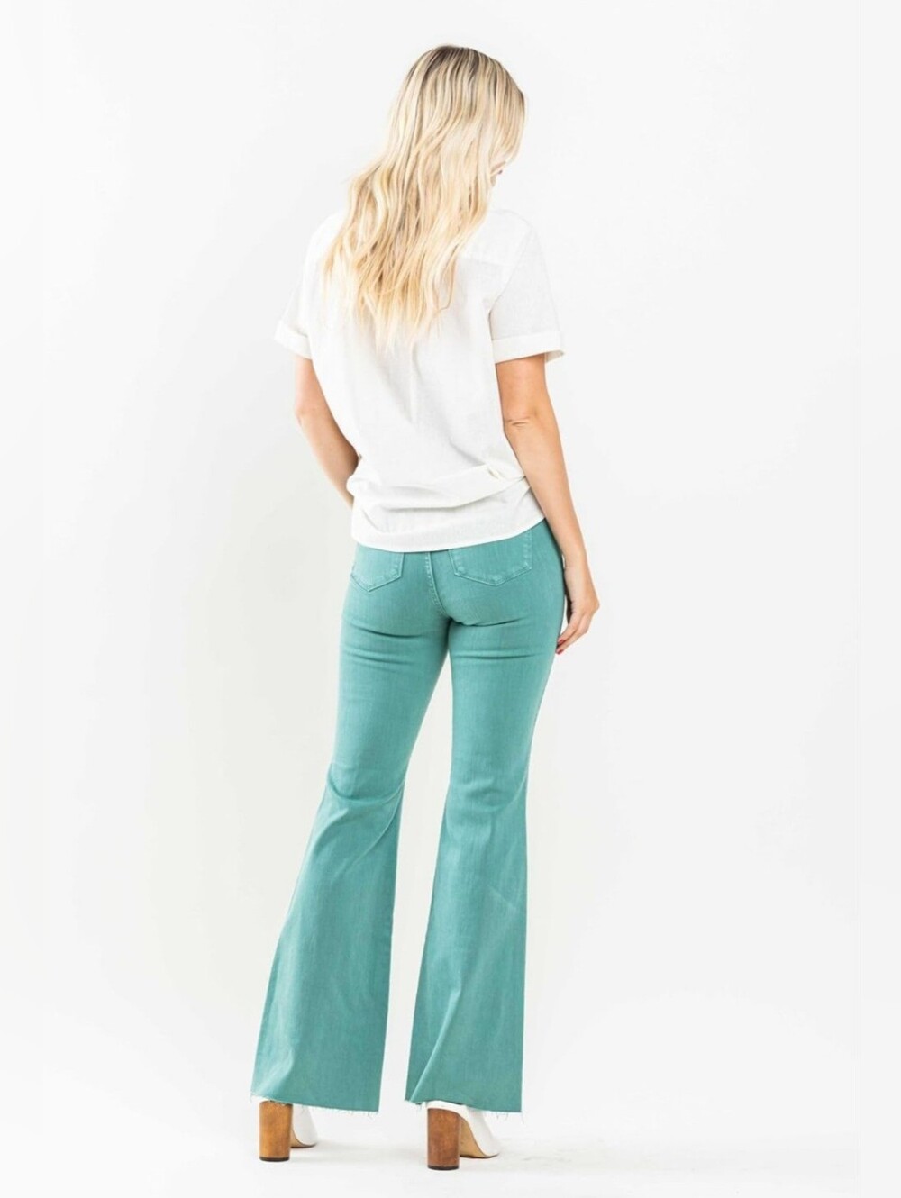 Judy Blue High Rise Garment Dyed Flare Jeans Teal Green Raw Hem Stretch 5/27 NEW - Picture 10 of 12